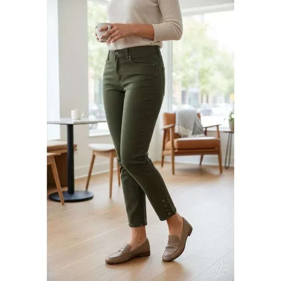 New Directions Olive Green Womens Pants Size 14P Button Detail Ankle Hem Casual - Picture 8 of 15